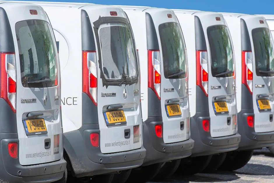 Row of white service vans parked in a commercial lot