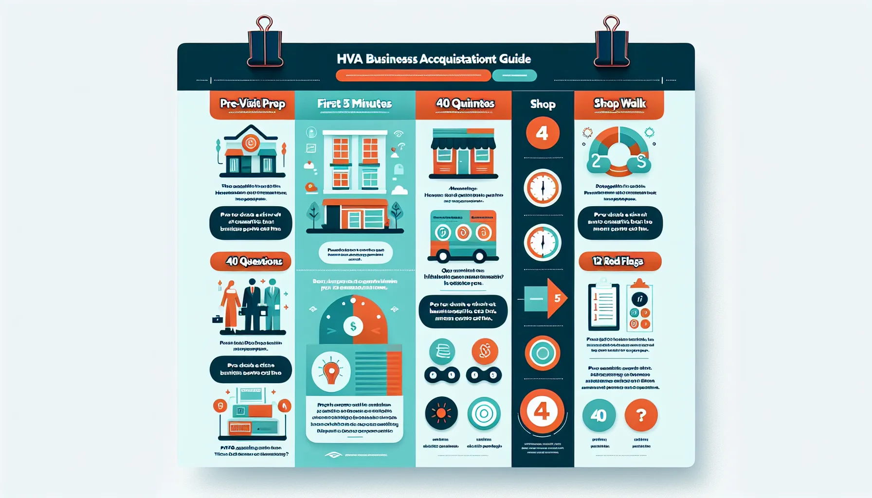 Site visit playbook infographic showing five phases: Pre-Visit Prep, First 5 Minutes, Shop Walk, 40 Questions, and 12 Red Flags