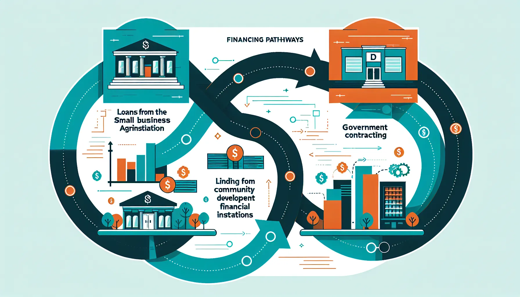 Three financing pathways converging — SBA loans, CDFI lending, and government contracting