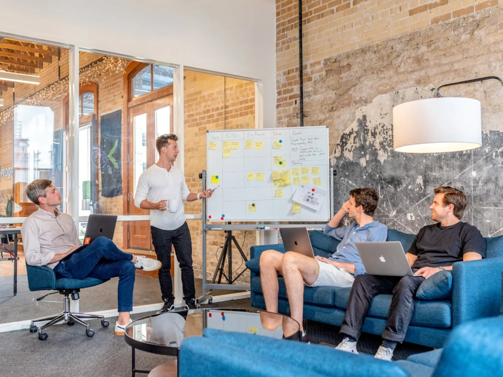 Operations team planning meeting with whiteboard strategy session