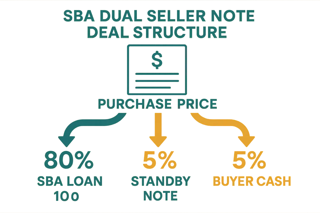 Infographic showing SBA dual seller note deal structure with four components